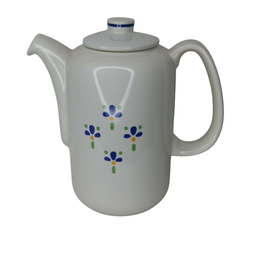 Avon Fresh Flowers Coffee Pot & Lid Ceramic‎ White Blue Floral 7 inch Vintage